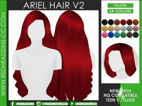Прическа Ариэль ARIEL HAIR V2 от redheadsims для Симс 4