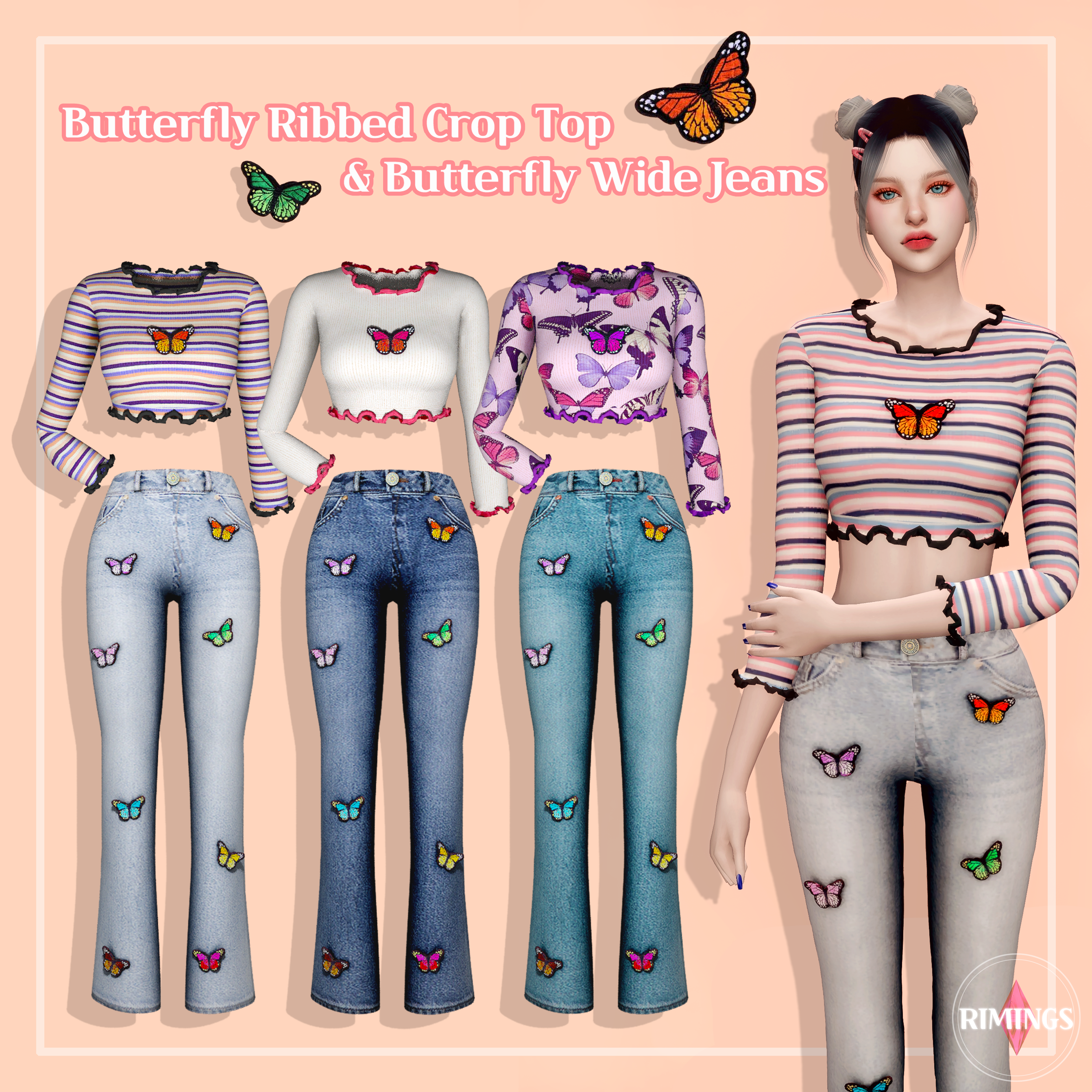 Butterfly Ribbed Crop топ и Wide джинсы от RIMINGS для Симс 4