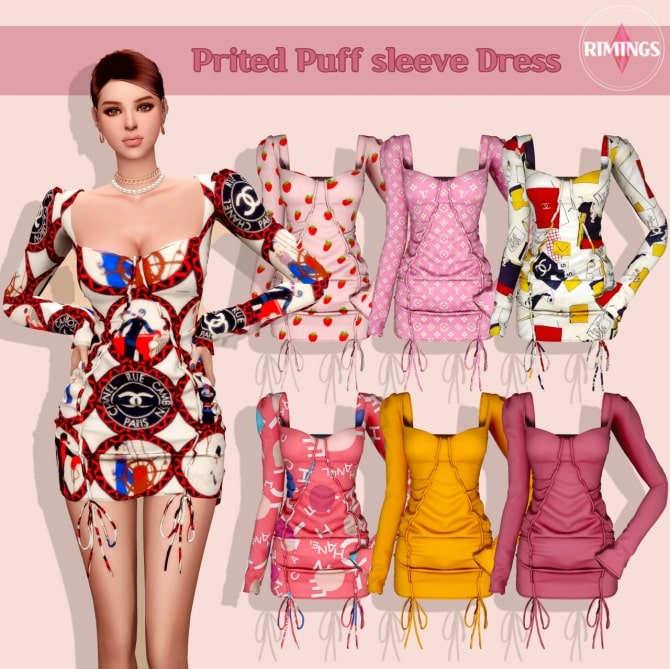 Платье Prited Puff sleeve Dress от RIMINGS для Симс 4