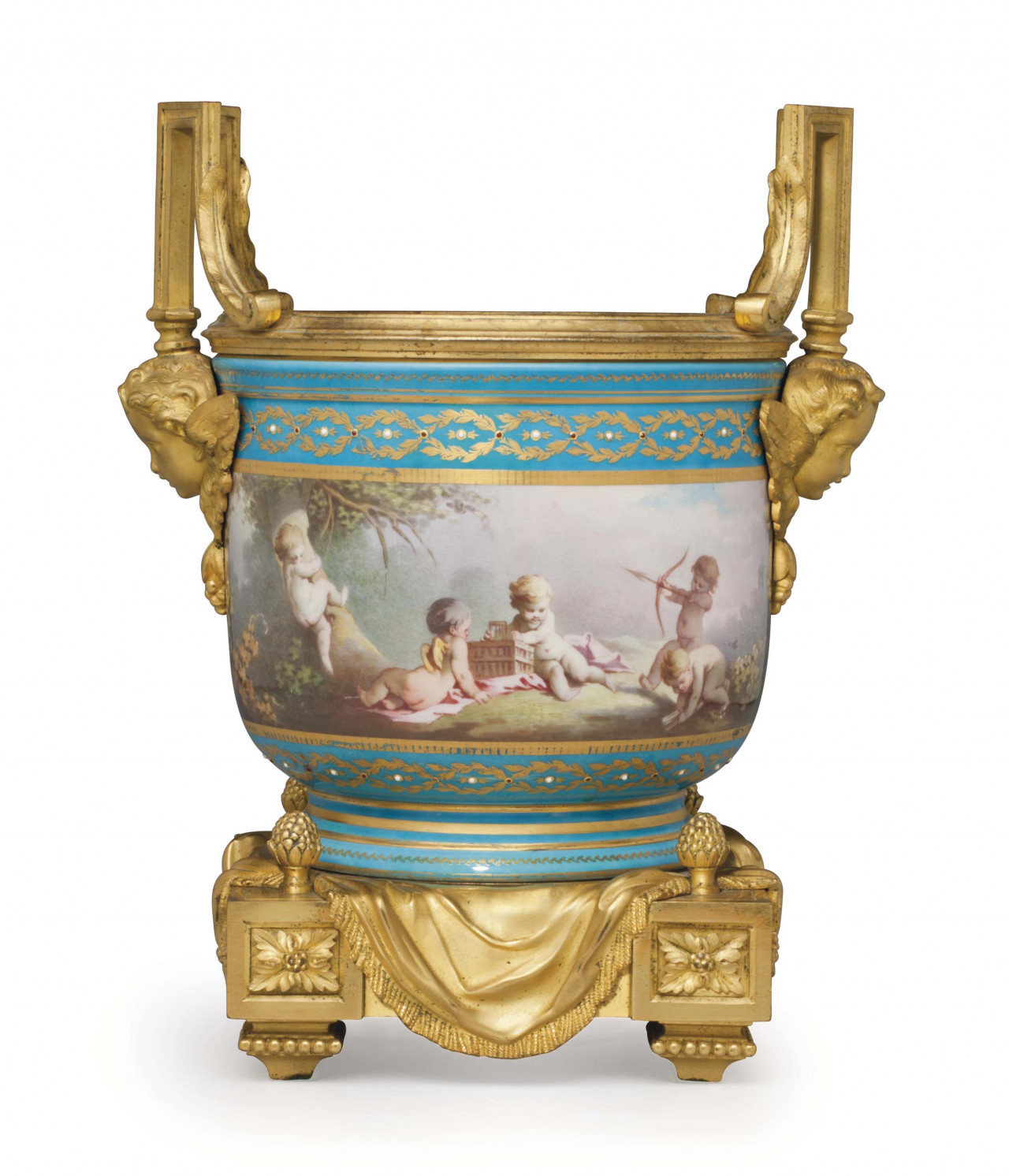 AN ORMOLU-MOUNTED SEVRES STYLE PORCELAIN 'JEWELED' TURQUOISE-GROUND CACHE-POT.jpg