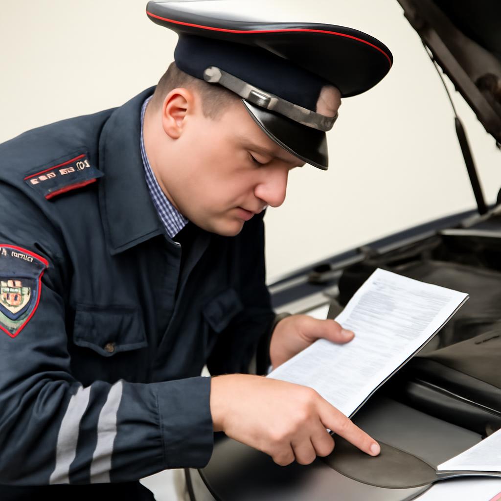 Инспектор ГИБДД сверяет VIN-номер на кузове автомобиля с документами