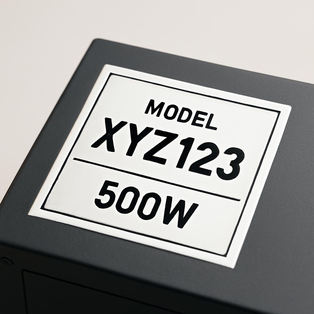 Информационная наклейка на блоке питания с указанием модели и мощности