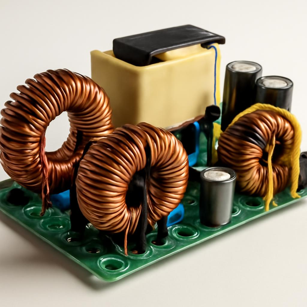 Печатная плата импульсного блока питания с хорошо видимыми силовыми дросселями и катушками индуктивности