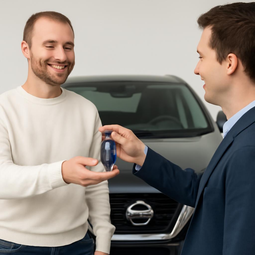 Довольный автовладелец передает ключи от своего Nissan новому владельцу