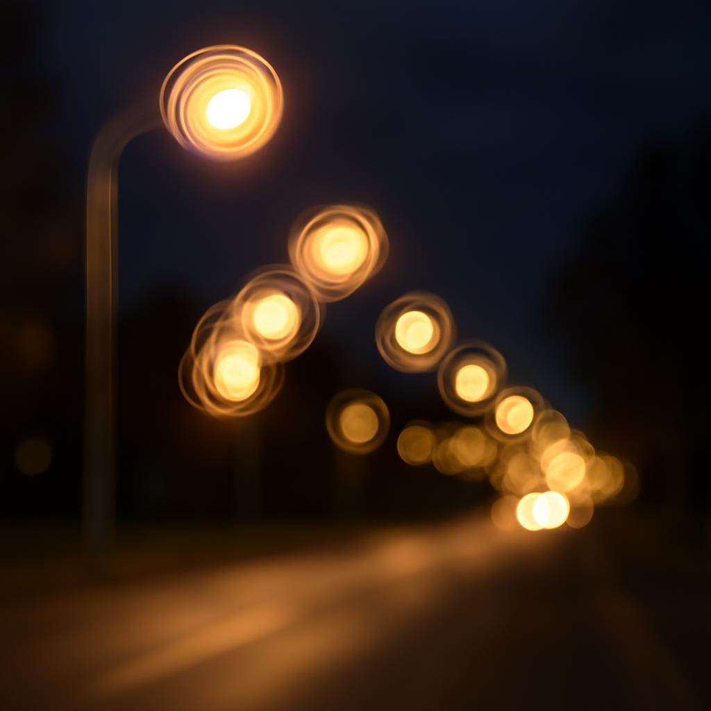 Пример того, как видит человек с кератоконусом - множественные контуры и размытость уличных фонарей ночью