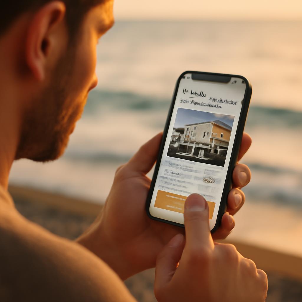 Человек бронирует жилье в Сочи на смартфоне у моря