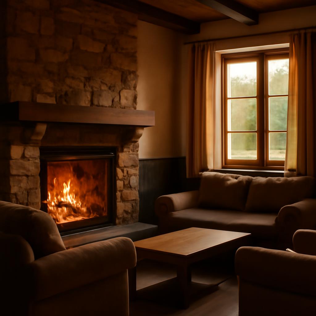 Интерьер мини-отеля Архызский дворик с камином