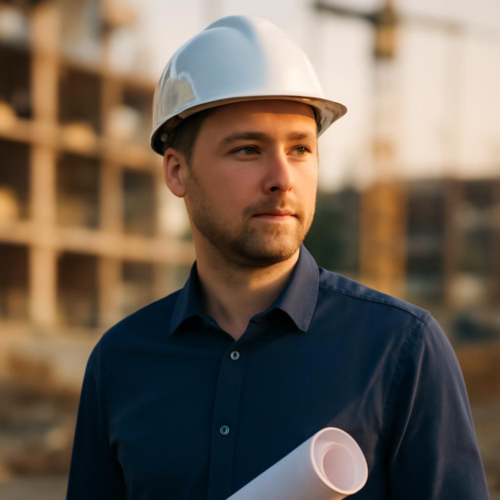Дмитрий Ковалёв — портрет инженера в профессиональной обстановке на фоне строительной площадки
