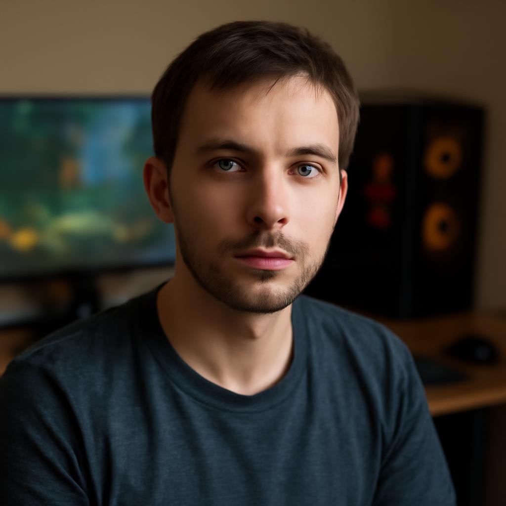 Дмитрий Козлов — портрет автора статьи, молодой мужчина в casual одежде на фоне игрового сетапа