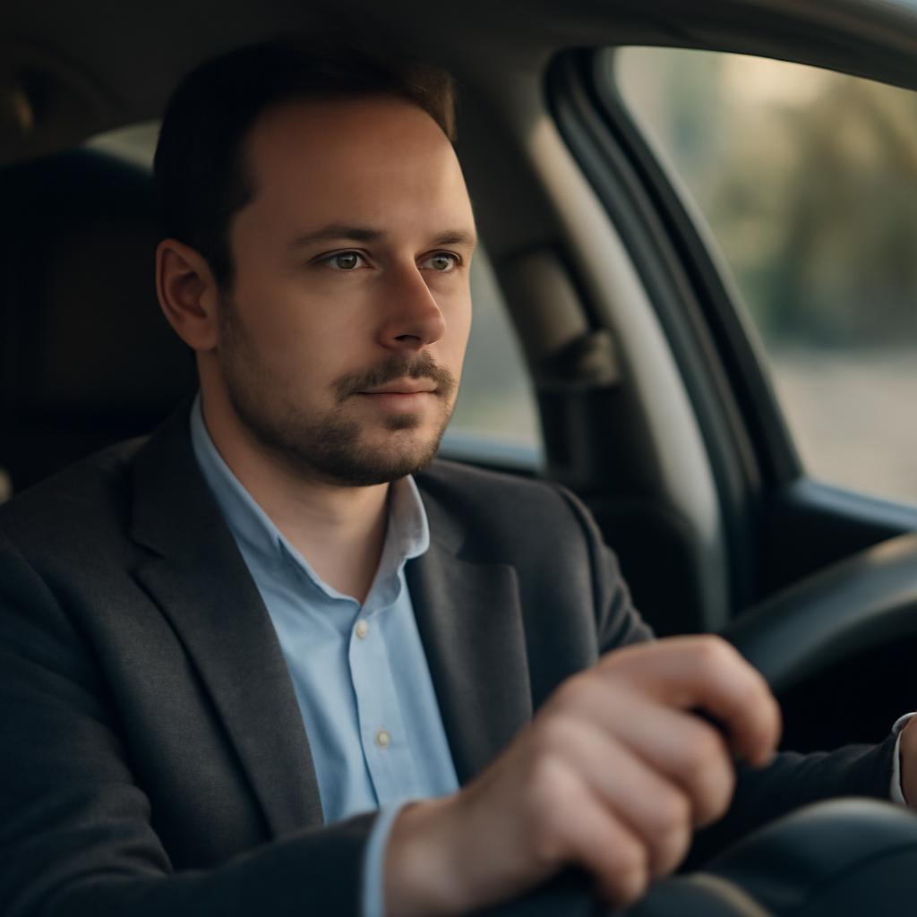 Дмитрий Козлов — портрет автора в профессиональной обстановке за рулём автомобиля