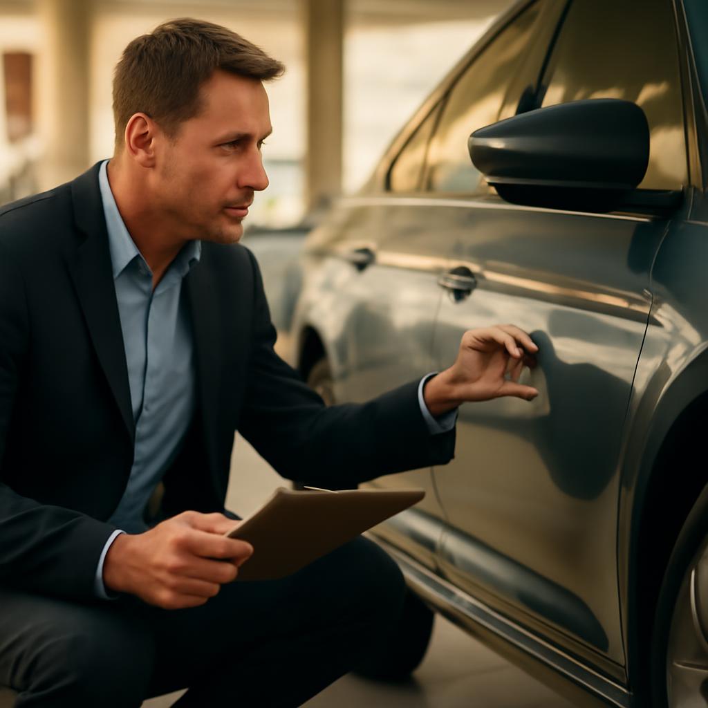 Специалист проводит оценку автомобиля в автосалоне