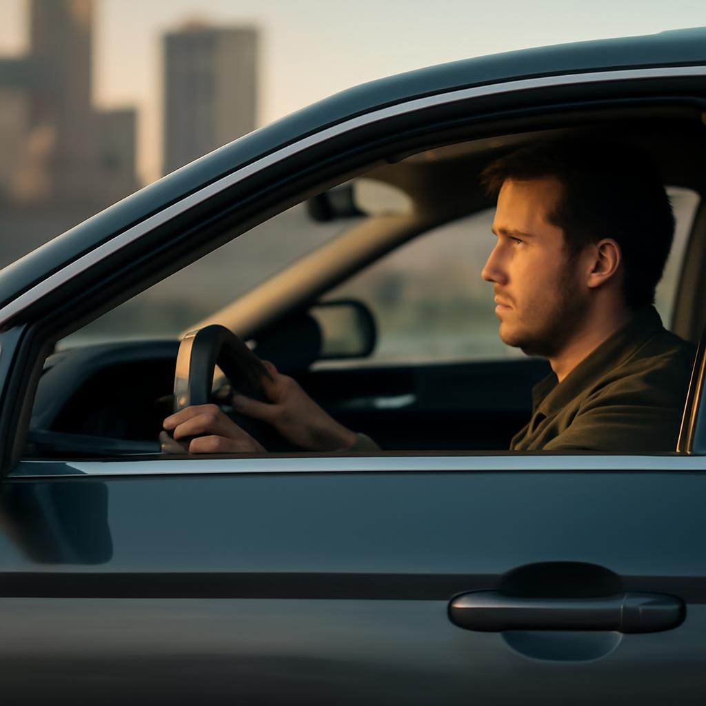 Иллюстрация аренды автомобиля с опцией выкупом: человек за рулем новой машины на фоне города