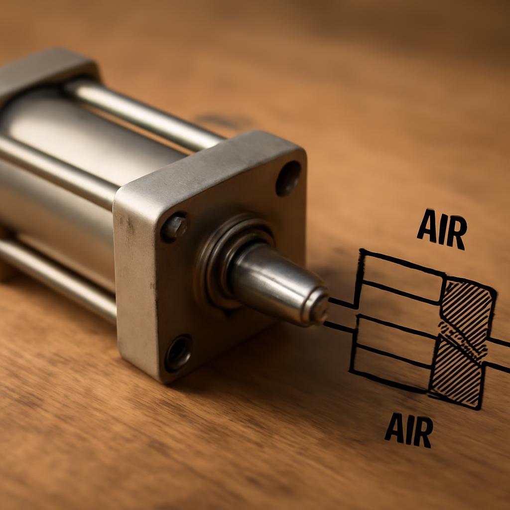 Схема принципа работы пневматического цилиндра: подача воздуха и движение поршня