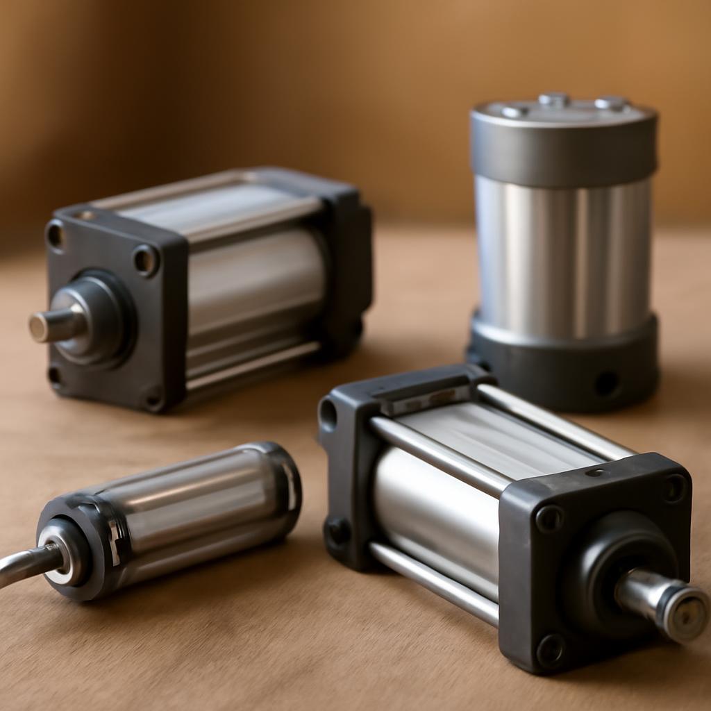 Иллюстрация различных типов пневматических цилиндров: штоковые и безштоковые