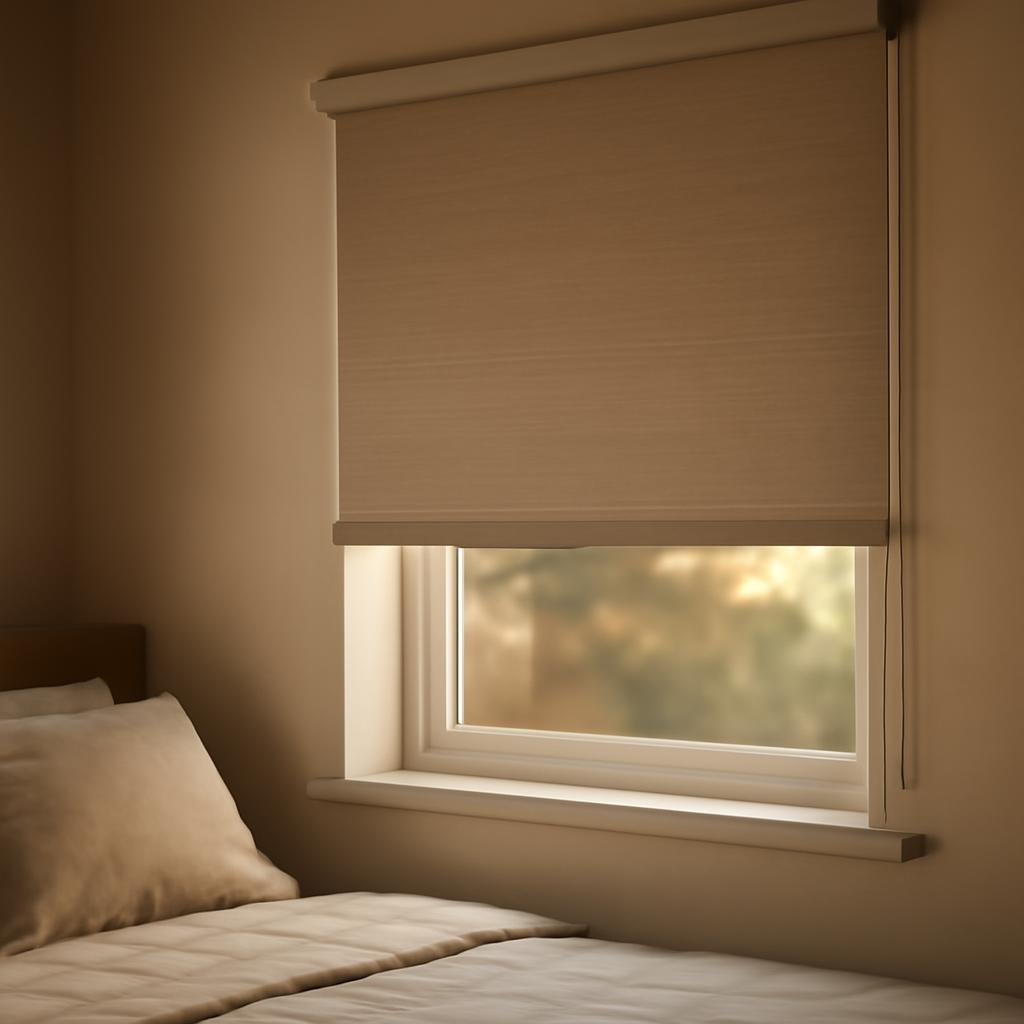 Рулонные шторы в интерьере спальни