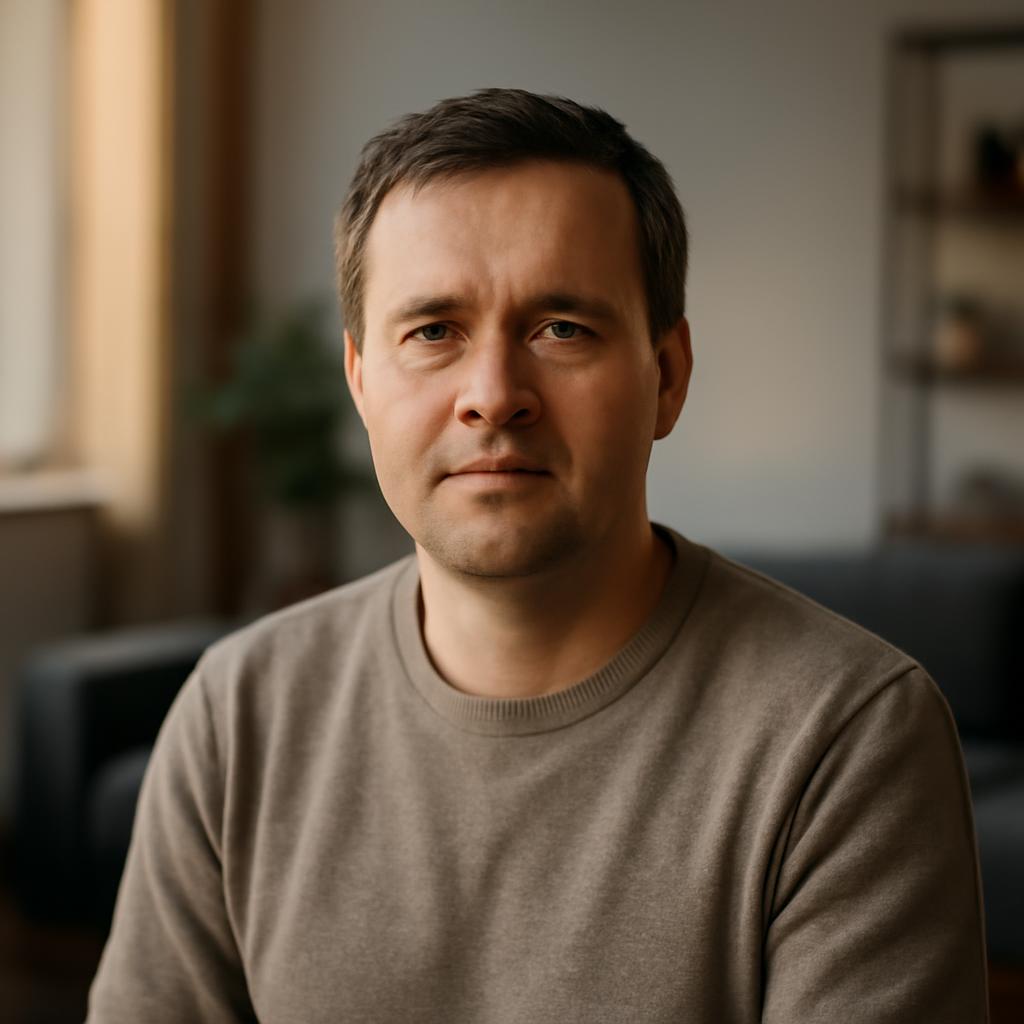 Дмитрий Ковалёв — портрет автора статьи, мужчина средних лет в casual-стиле на фоне современного интерьера