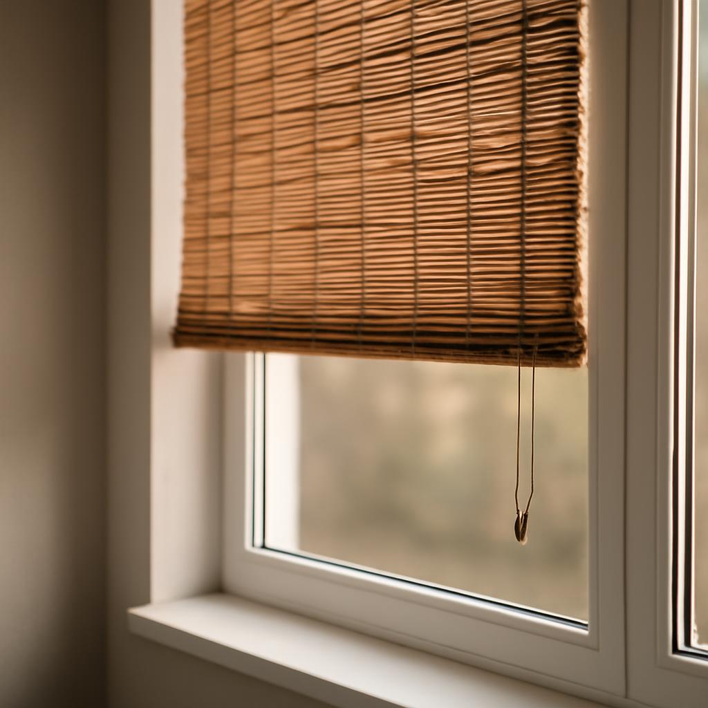 Бамбуковые жалюзи на пластиковом окне в минималистичном интерьере