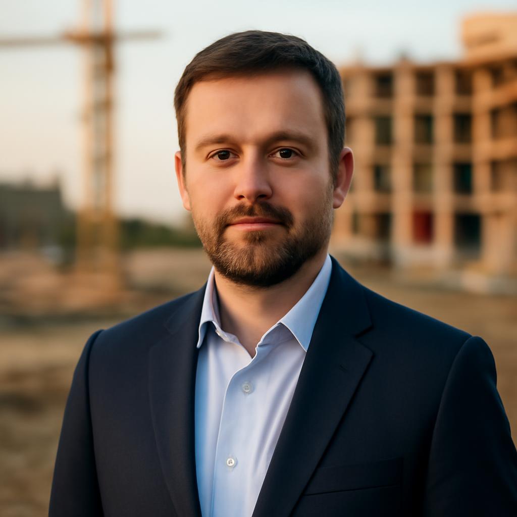 Сергей Лебедев — портрет автора статьи в профессиональной обстановке на фоне строительной площадки