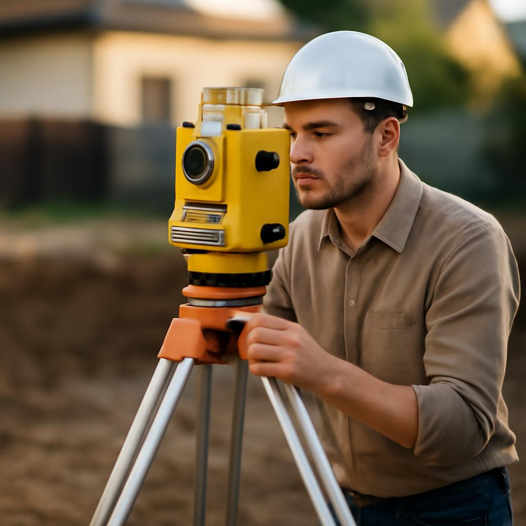 Специалист проводит геодезическую съемку участка для строительства бассейна в Краснодаре