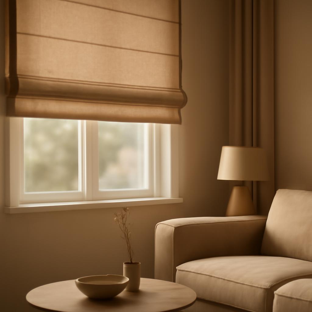 Римские шторы в бежевом интерьере гостиной