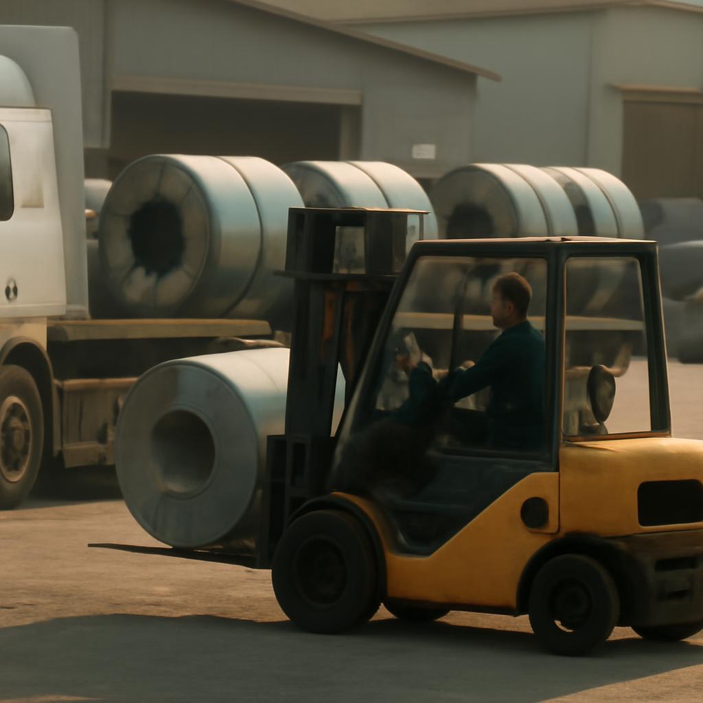 Логистика на металлобазе с грузовиками и погрузкой