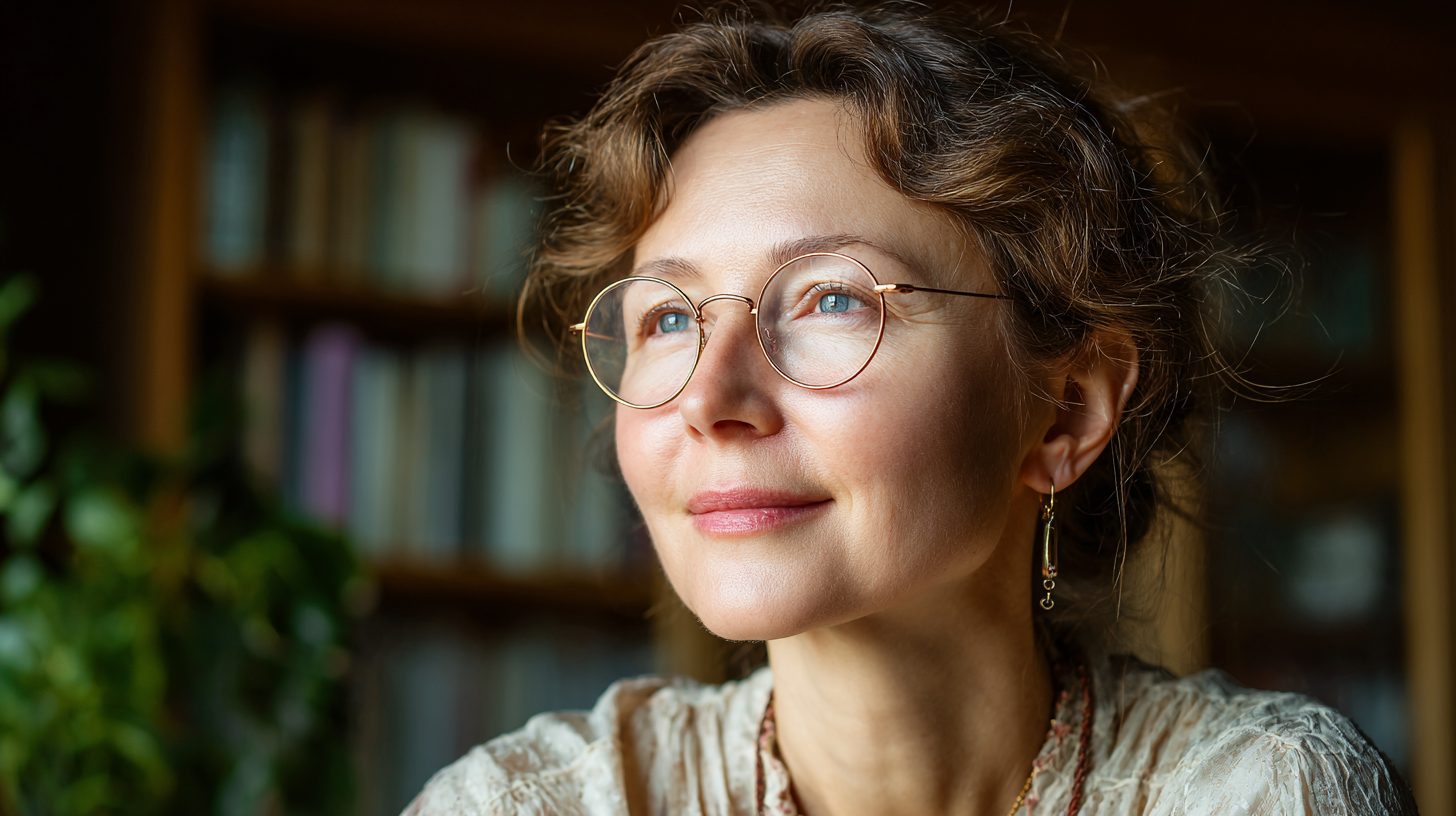 Ольга Воробьёва — студийный портрет психолога в светлой комнате с книгами