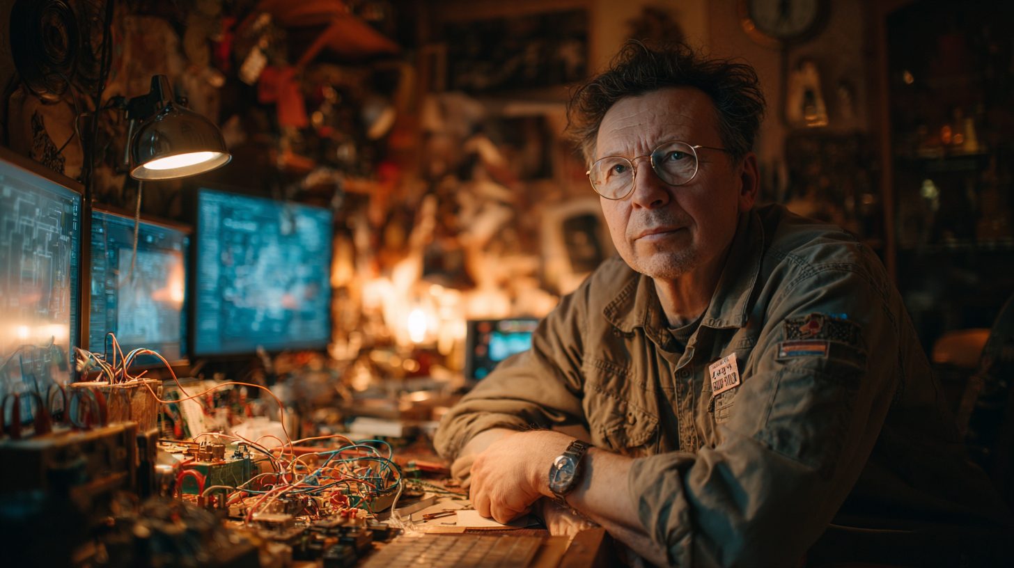 Дмитрий Козлов — портрет инженера в рабочем кабинете с элементами электроники