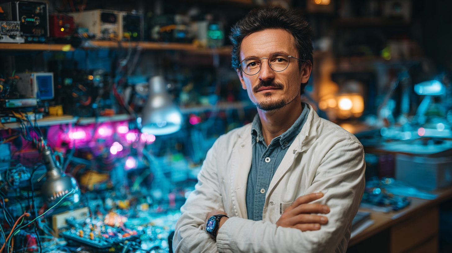 Алексей Козлов — профессиональное фото инженера в лабораторной обстановке с оборудованием для электроники