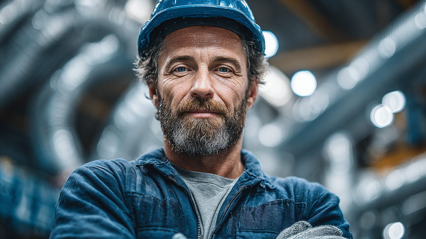 Сергей Ковалёв — портрет инженера в рабочей одежде на фоне вентиляционного оборудования