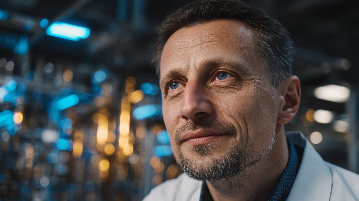 Дмитрий Ковалёв — портрет автора статьи, мужчина лет сорока в лабораторном халате на фоне промышленного оборудования