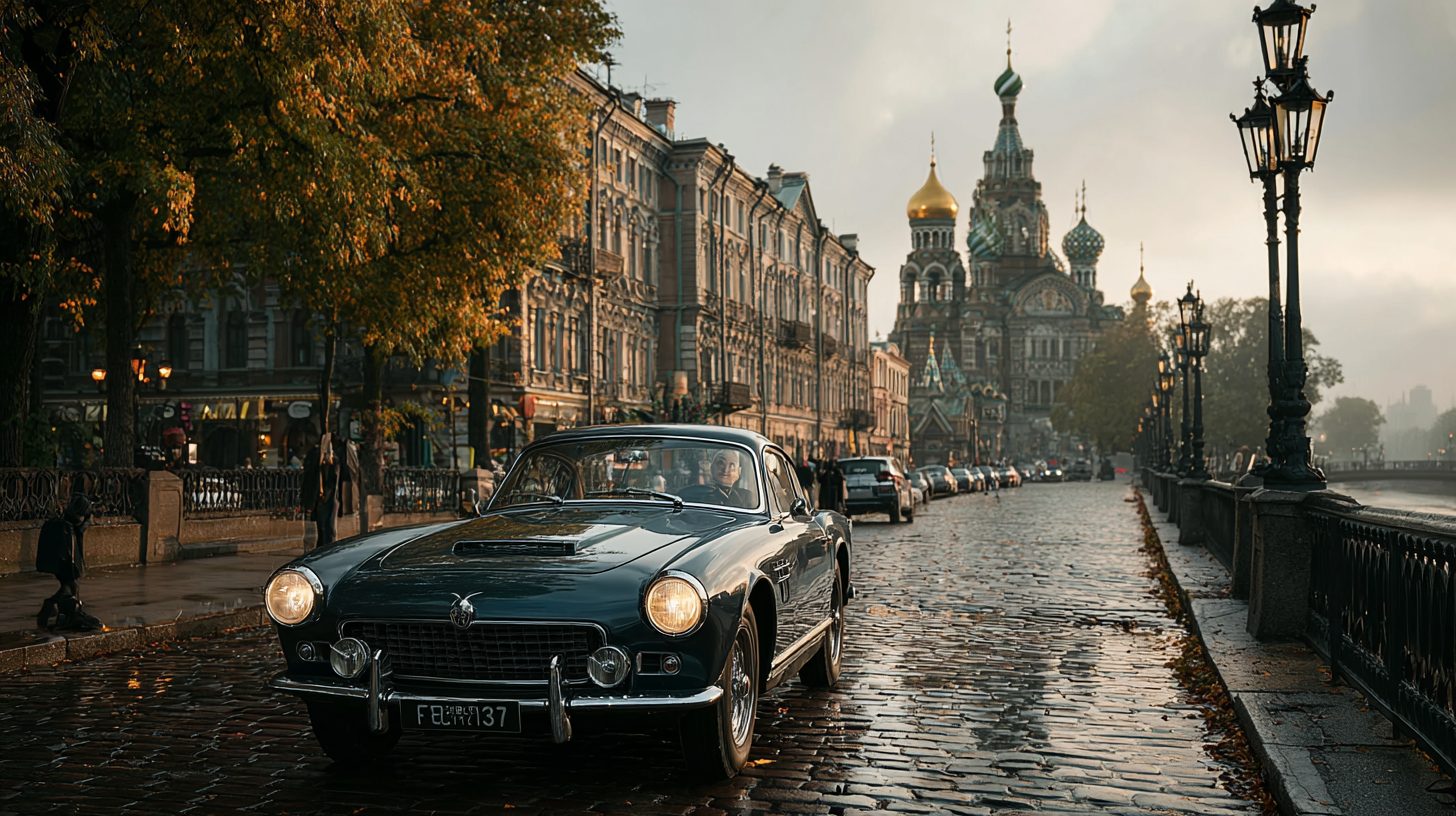 Европейский автомобиль на фоне петербургских улиц