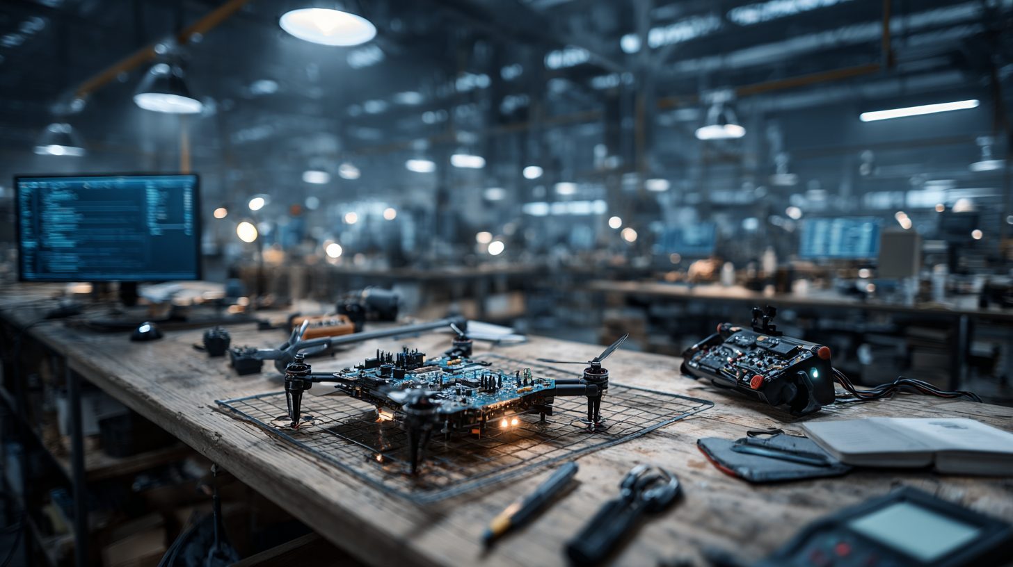 Фотореалистичное изображение современной электронной лаборатории, средний план с акцентом на рабочем столе инженера: на столе лежит прототип