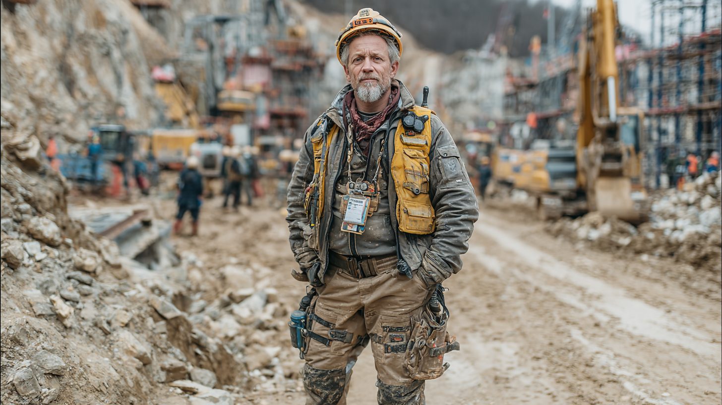 Дмитрий Соколов — портрет опытного инженера-геолога в полевой одежде на фоне строительной площадки
