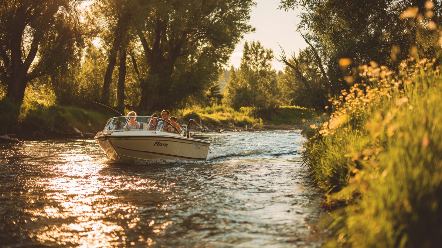 Семейный катер на реке во время отдыха и рыбалки