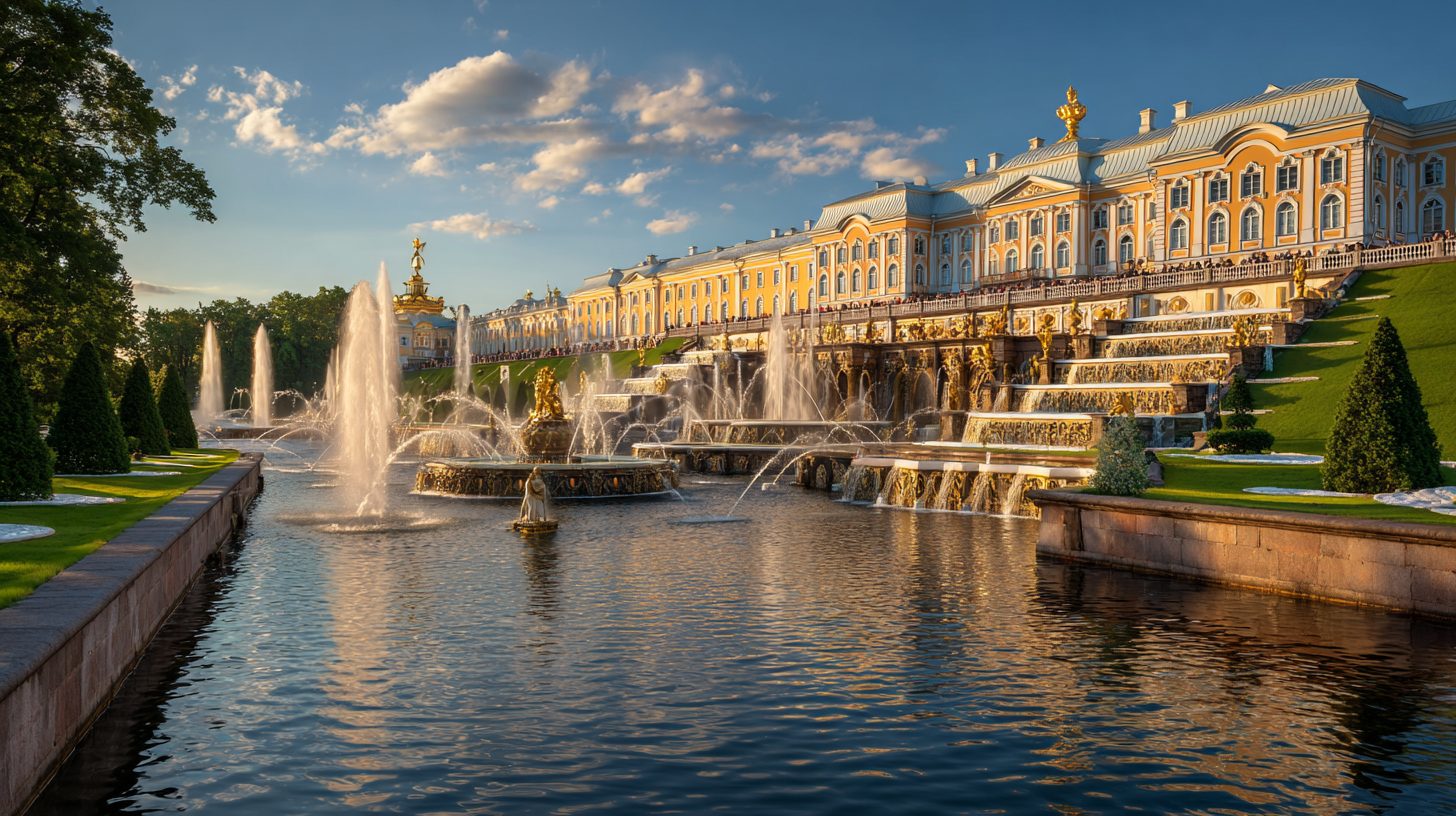 Дворец в Петергофе с фонтанами
