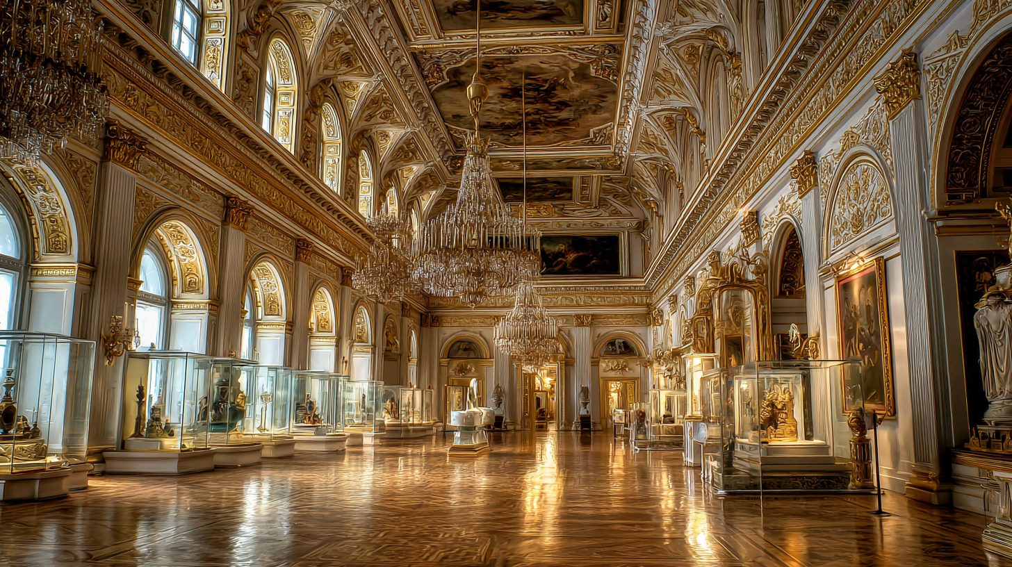 Интерьер зала Эрмитажа с экспонатами