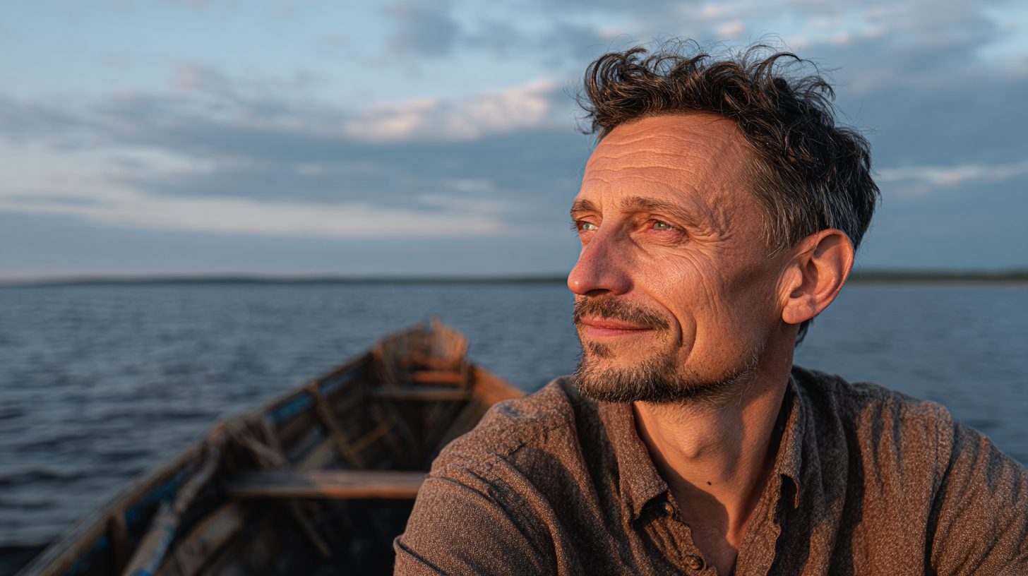 Иван Сергеевич Козлов &mdash; портрет автора статьи о правах ГИМС в профиль, на фоне реки с лодкой, возраст около 45 лет