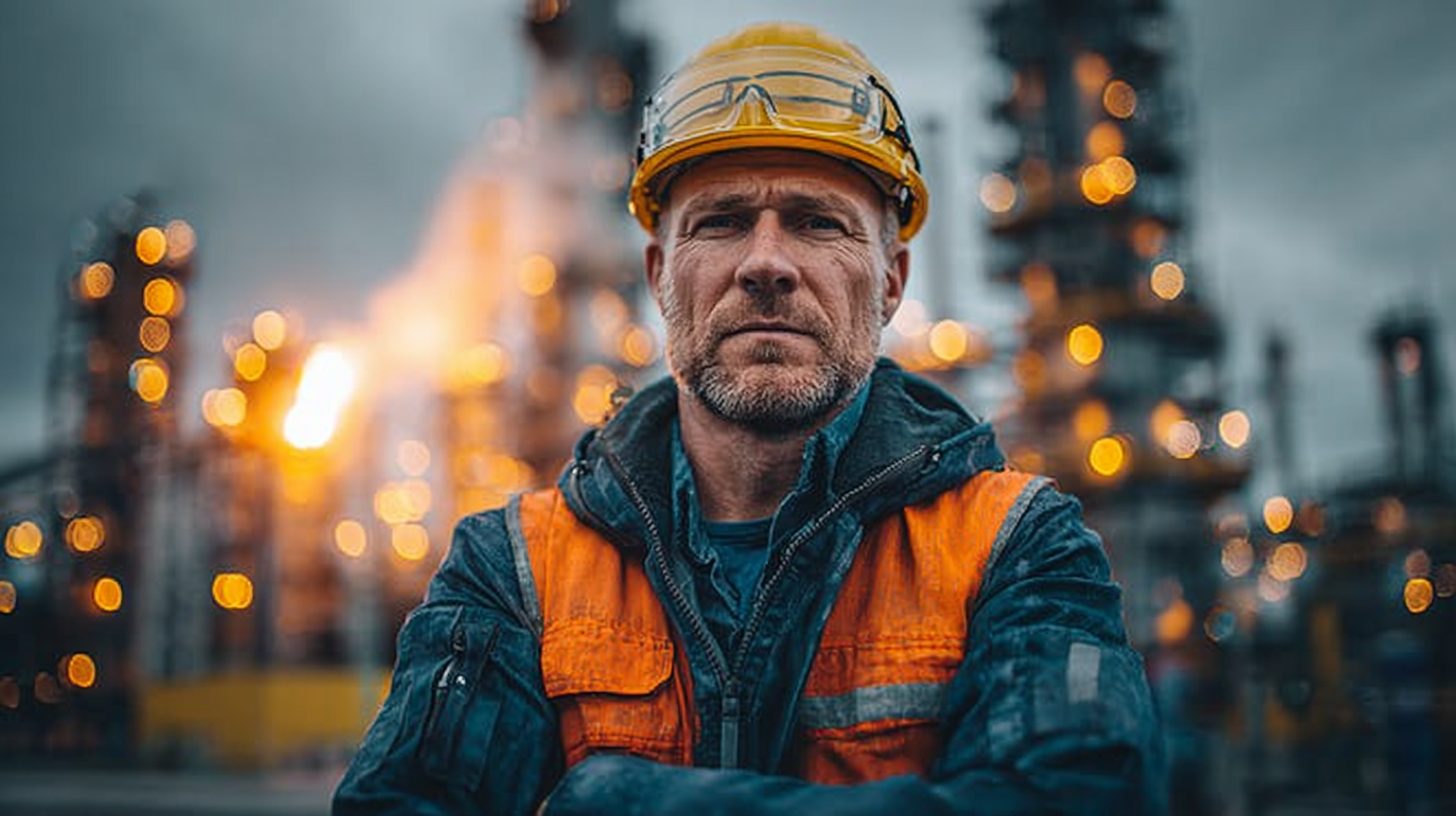 Сергей Козлов — портрет инженера по охране труда в рабочей одежде на фоне промышленного объекта