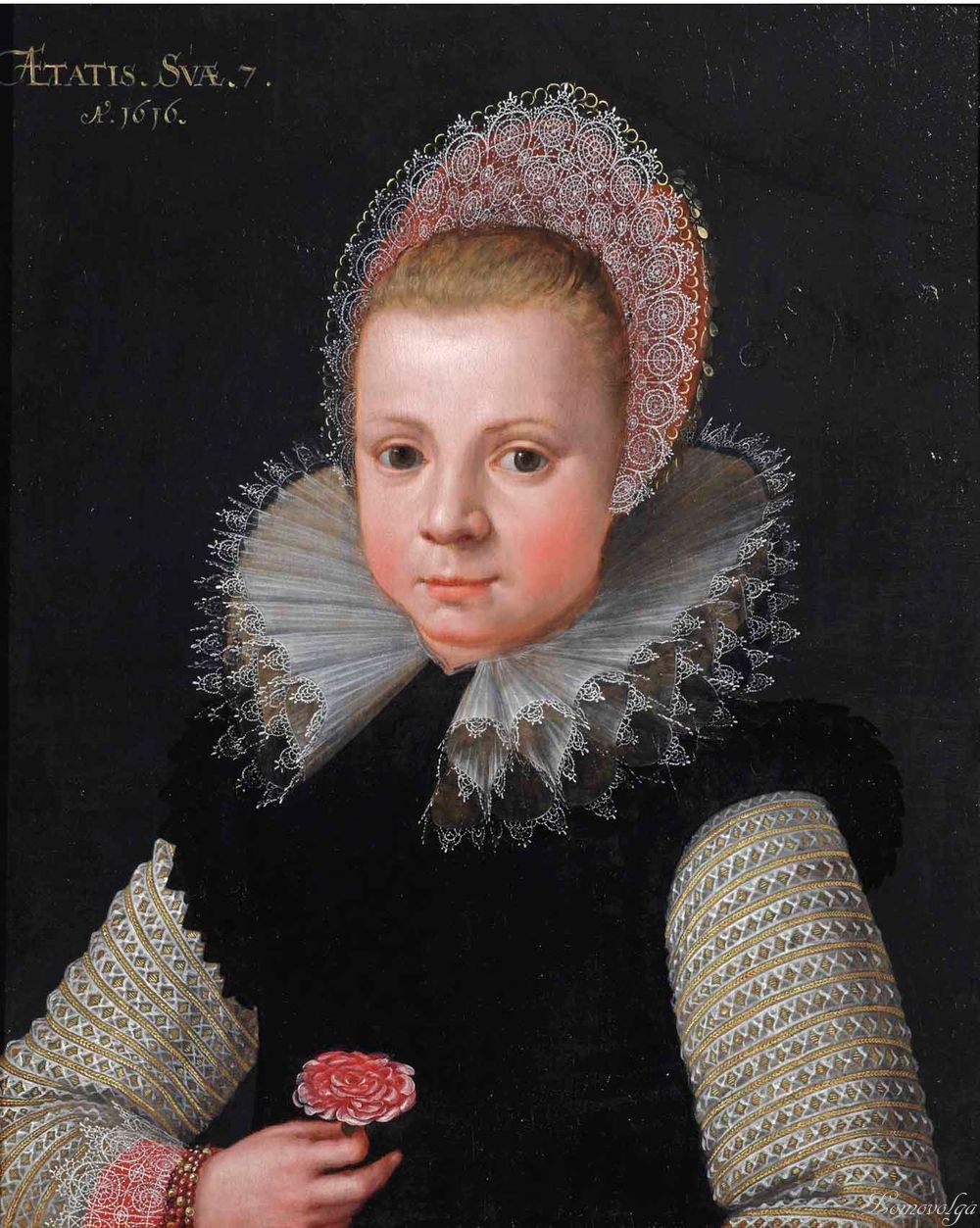 13 Circle of Gotthardt de Wedig (Cologne 1583-1641) Portrait of a girl, half-length, in a black dress with gold embroidered white sleeves and a lace headdress, holding a rose.jpg