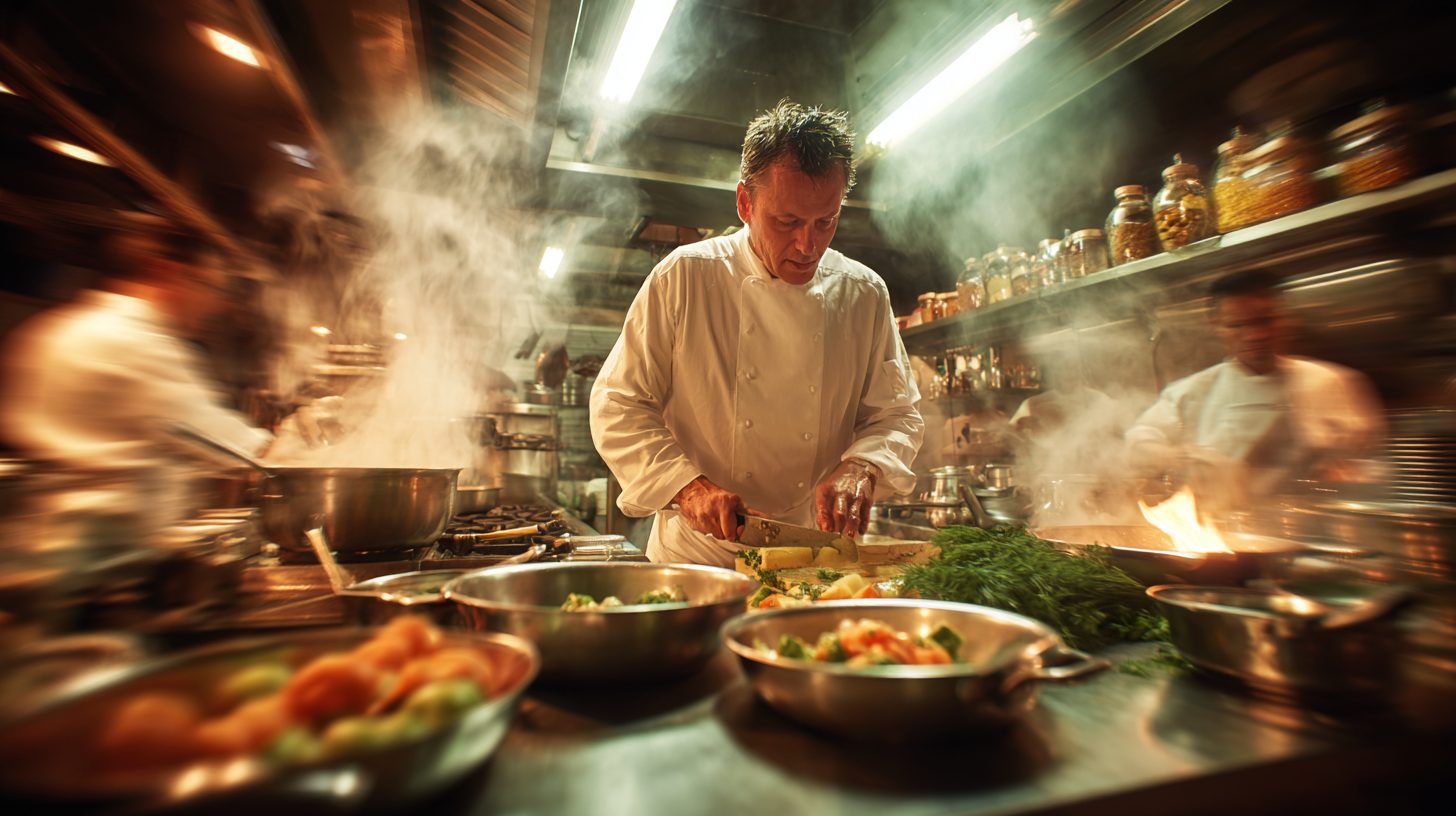 Повар за работой на кухне московского ресторана