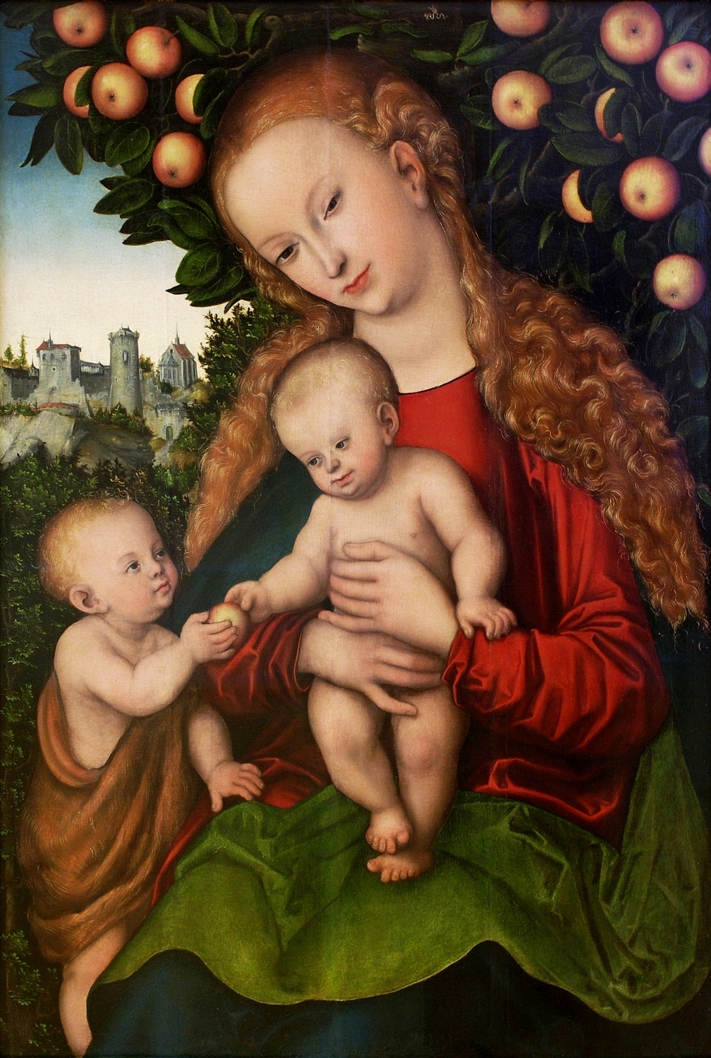 3Мадонна с Младенцем и юным Иоанном Крестителем под яблоней (Virgin and Child with St. John under an apple tree)_ок.1535_90 х 59_д.,м._Карлсруэ, Кунстхалле.jpg