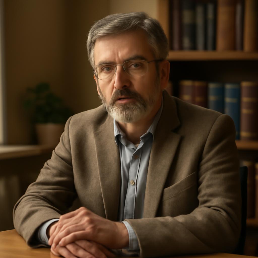 Алексей Козлов &mdash; портрет психолога в кабинете с книгами по психологии