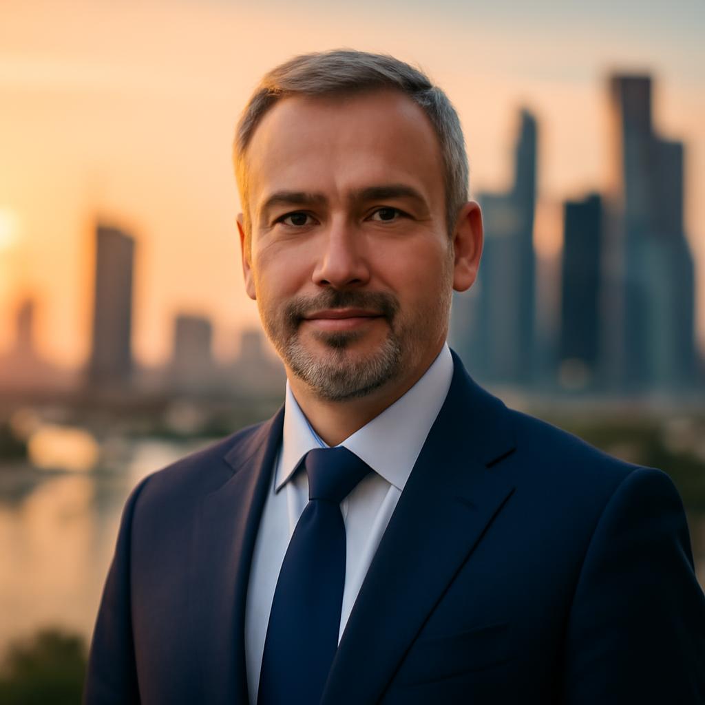 Сергей Лебедев — портрет автора, мужчина средних лет в деловом костюме на фоне городской панорамы