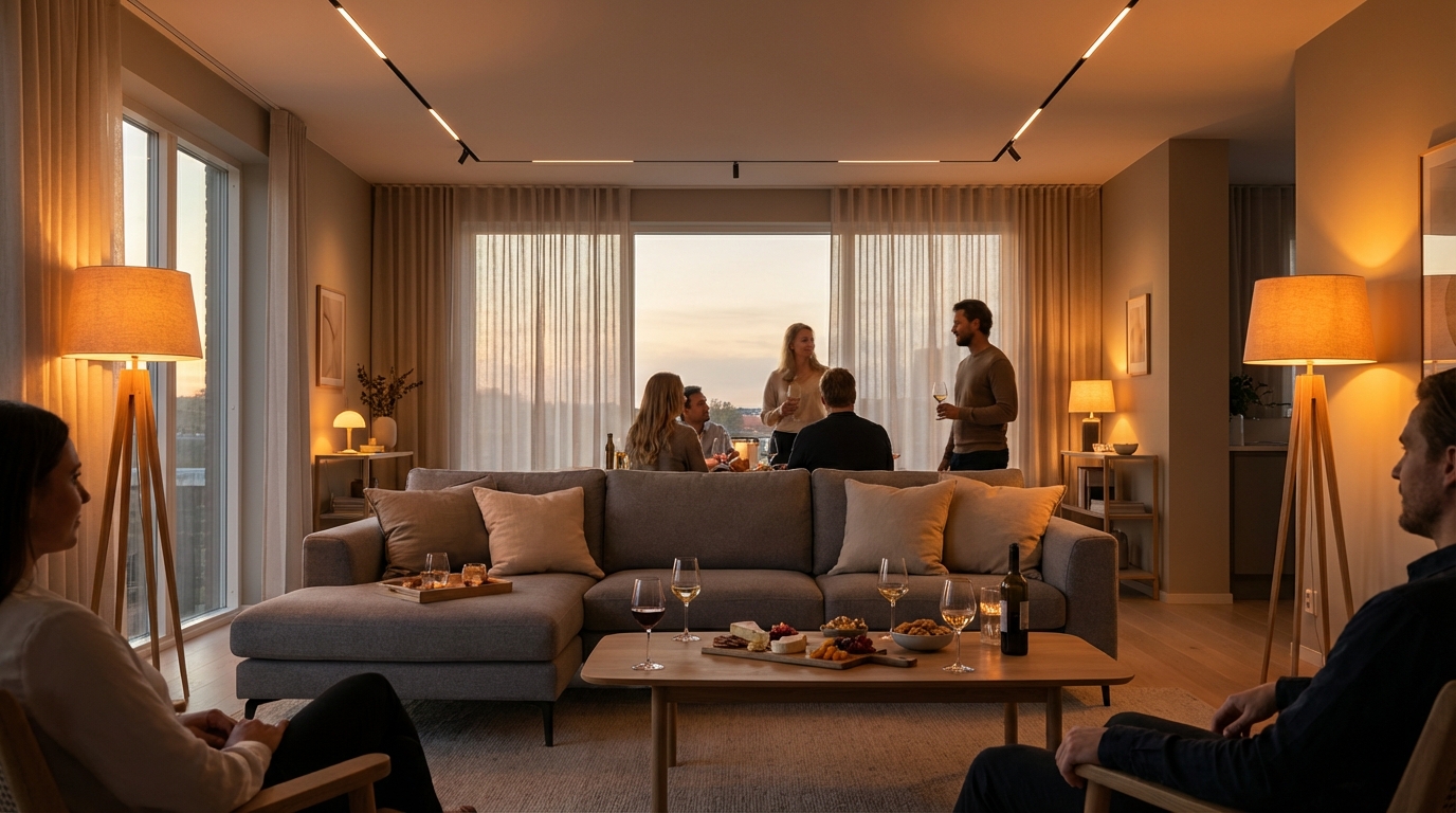 Система освещения в гостиной для создания атмосферы на домашних приемах