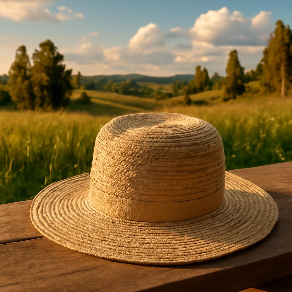 Летняя панама из соломы на фоне российского ландшафта