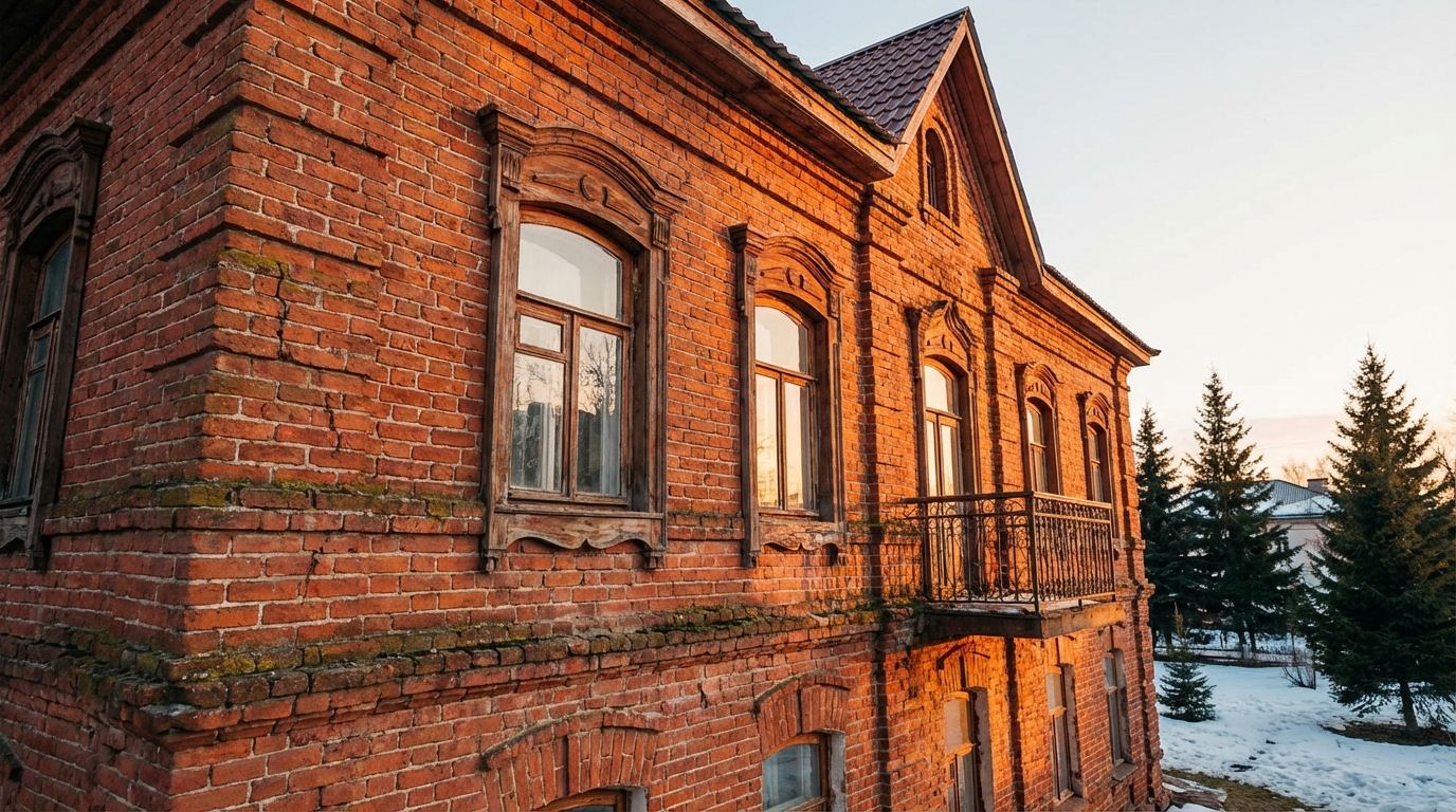 Облицовочный кирпич на фасаде дома в российском стиле