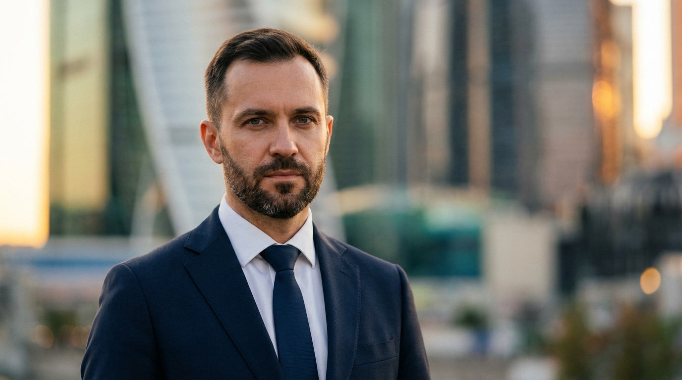 Дмитрий Рогов — портрет автора в деловом костюме на фоне городских пейзажей