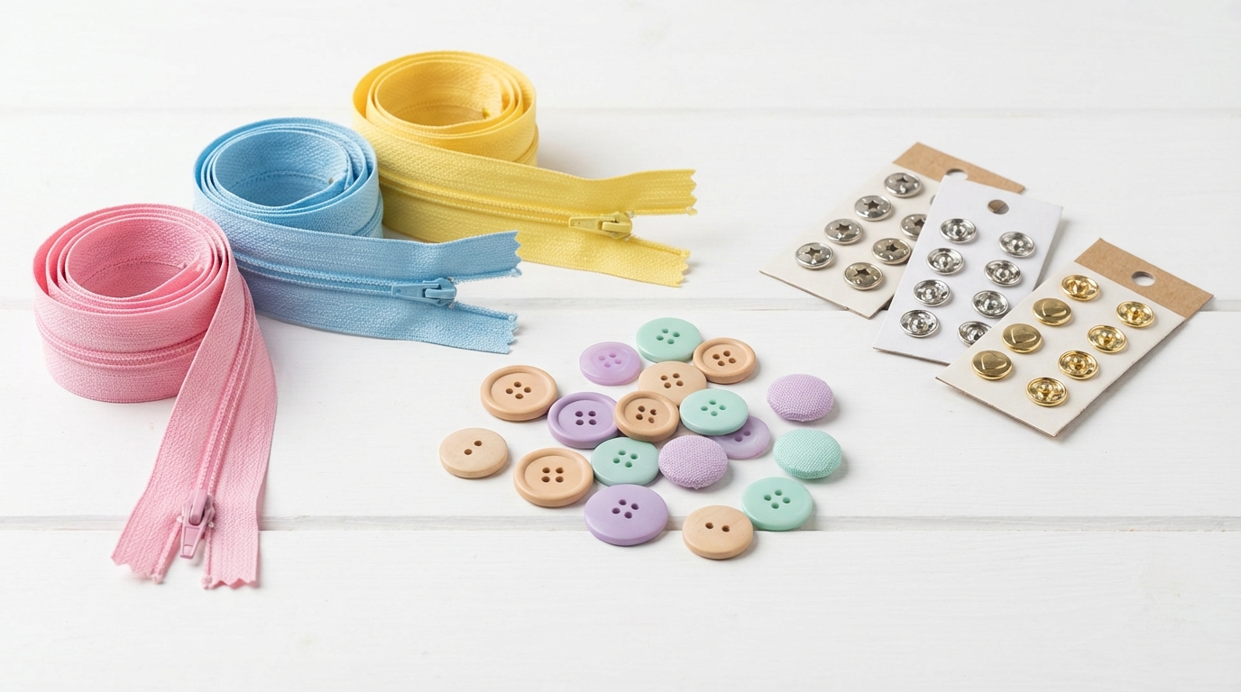 Различные виды фурнитуры для шитья детской одежды: молнии, пуговицы и кнопки
