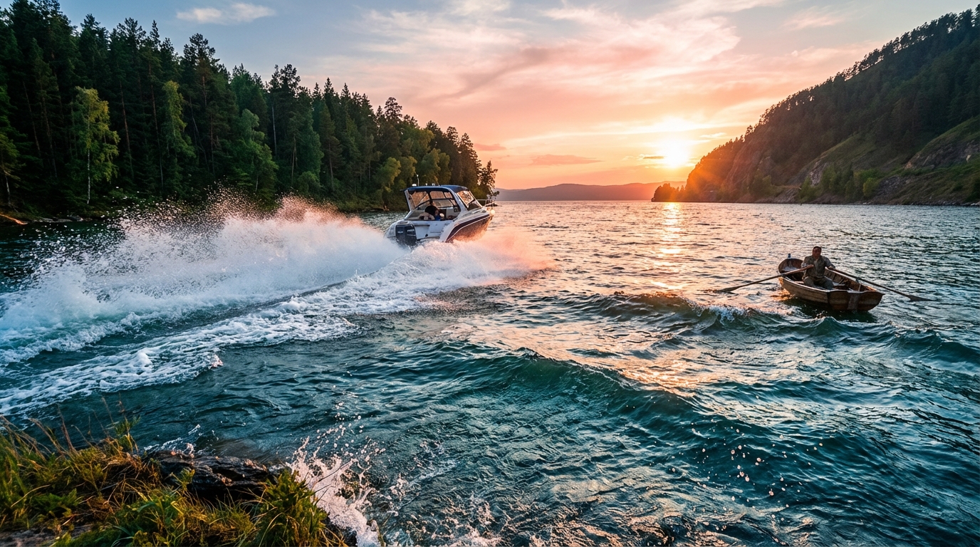 Катер и лодка в действии на российском озере