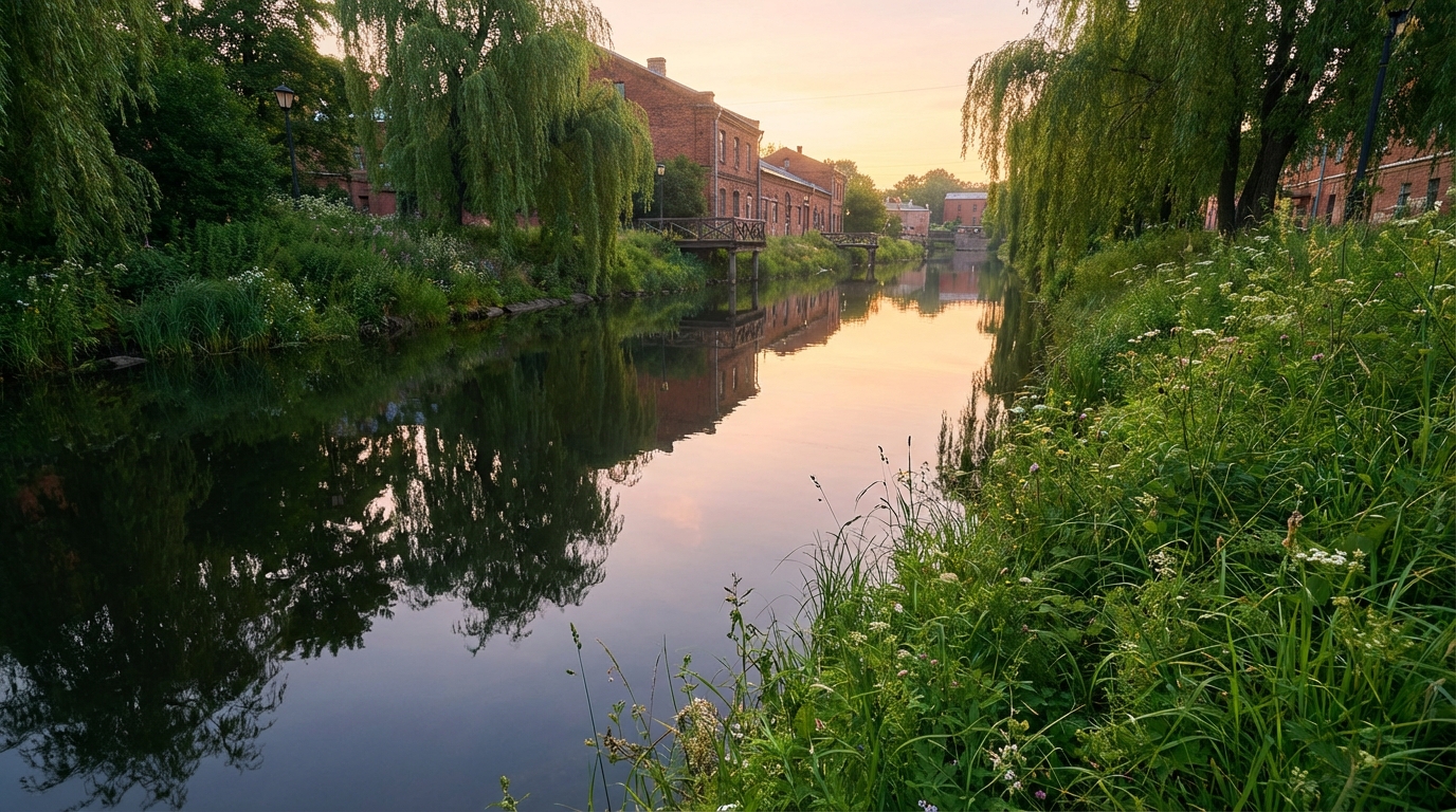 Тихий провинциальный канал в Санкт-Петербурге с зелеными берегами